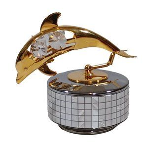 1993 24k Gold Plate Swarovski Crystal Dolphin Music Box Musical Figurine Vintage